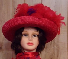 Ladies Red Straw Hat w/Red & Purple Marabou Hatband & Red Feathers (One Size)