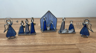 Vintage 5 Piece Stained Glass Nativity Scene Set Blue White Wise Men Shepards