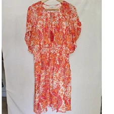 Trina Turk Byrds Dress Smocked Waist Orange Pink Floral Print Midi Flowy XXL 16