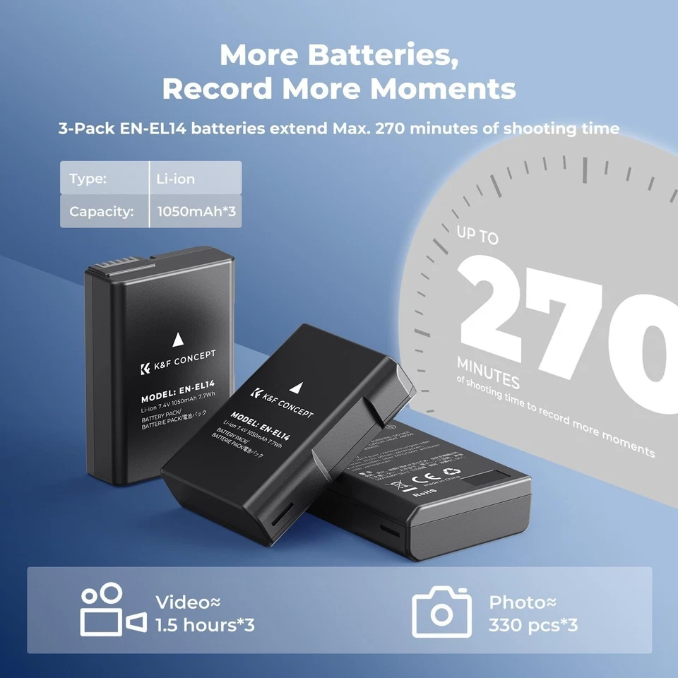 K&F Concept 3 pack EN-EL14 Batteries & Charger, Compatible with Nikon D5300 etc - Image 2 of 4