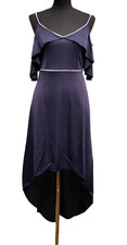 Silky Sleeveless Dress Rhinestone V-Neck Midi Hi-Lo Navy Blue Women's Medium