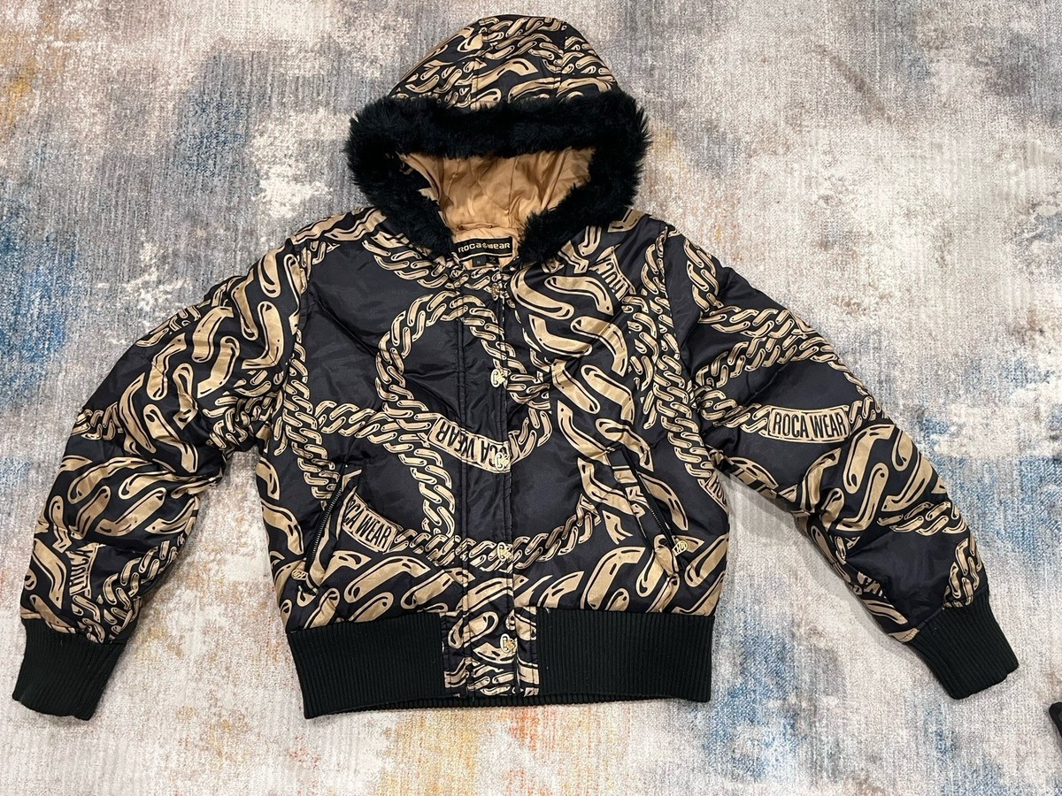 ジャケット・アウター y2k archive fur down jaket Vtg Y2K Rocawear Down Puffer Jacket Fur Hoodie Chain Logo