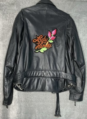Harley Davidson Lady Harley Womens Black XL Leather Jacket Floral + Patches