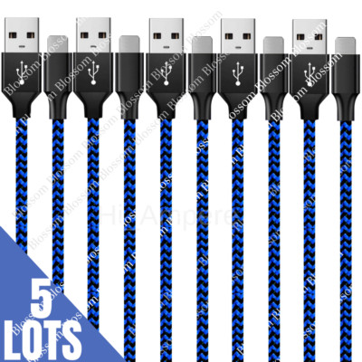 5 Pack Bulk 6Ft Heavy Duty iPhone Charger Apple USB Fast Charging Cable Cord Lot
