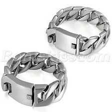 Heavy Silver Tone Polished Stainless Steel Curb Chain Link Buckle Men's Bracelet