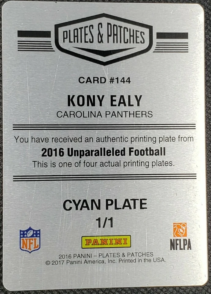 KONY EALY 2016 Panini Unparalleled PRINTING PLATE SP #1/1 Panthers Jets Patches - Image 2 of 2