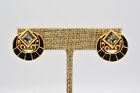 Brushed Gold Black Enamel Signed 9C Mma Vintage Earrings Gray Rhinestone Crystal