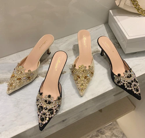 Mujer Moda Puntera Punta Punta Diamante Mulas Zapatillas Gatito Tacones Medianos Zapatos Vestido - Imagen 12 de 15