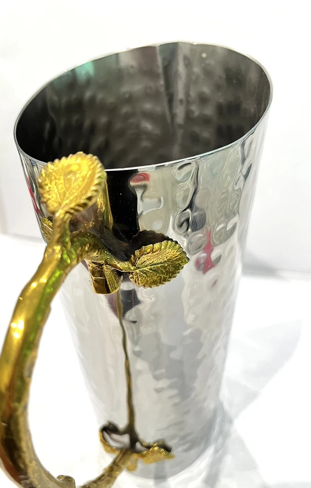 Vintage Godinger Fine Polished Hammered Stainless Steel & Brass Leaf Pitchern - Image 3 of 4