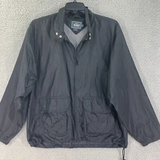 Vtg Woolrich Mens Jacket Windbreaker Sz L Black Hooded Zip Pockets Packable