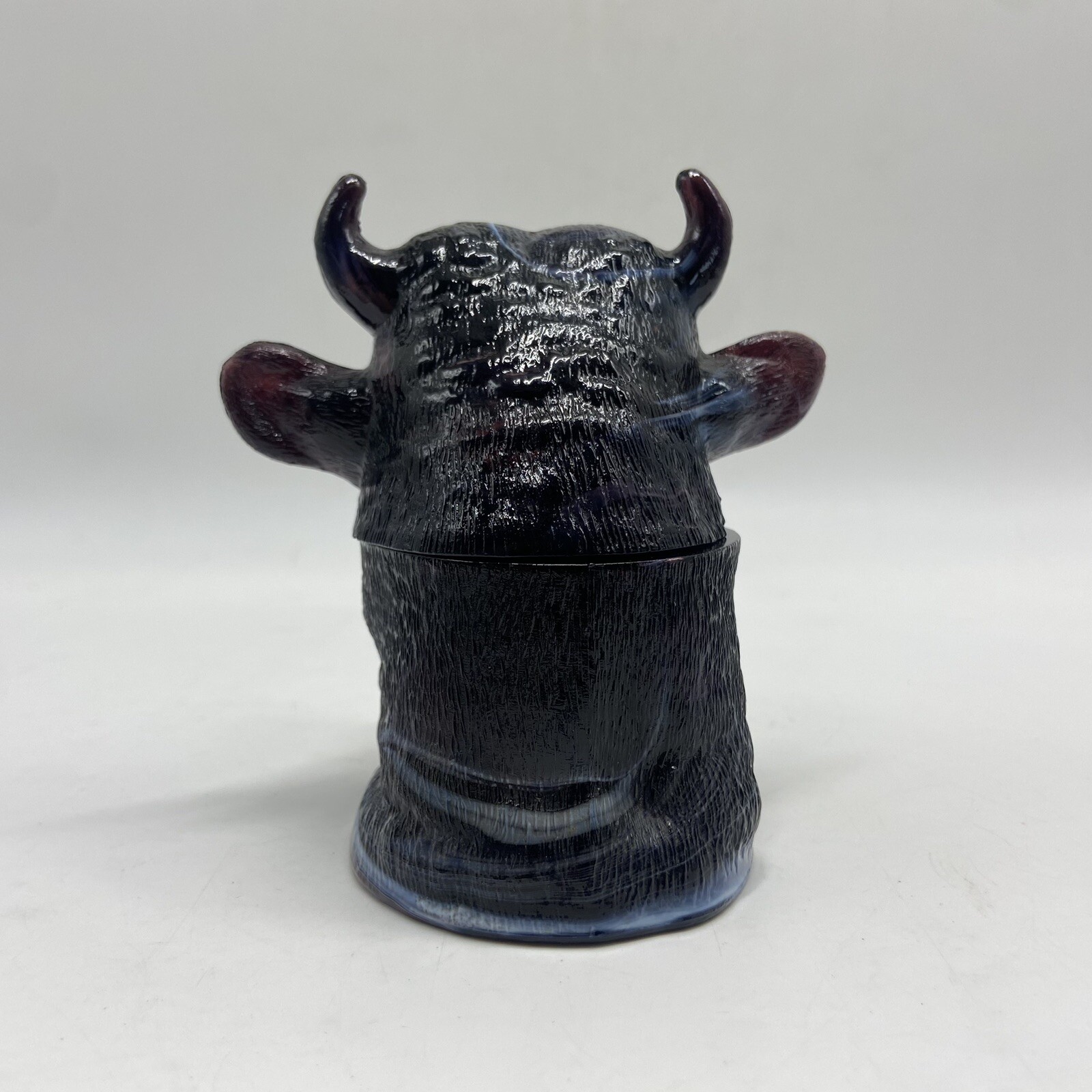 L G Wright Purple Slag Glass Mustard Dish Jar Bull Head w/ Lid Cover *A Chip