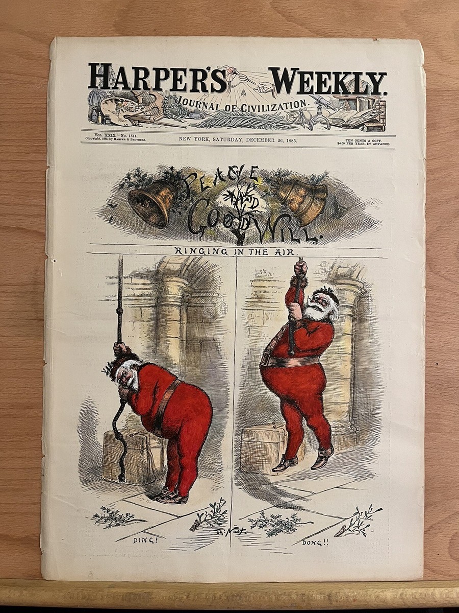 1885 HAND COLORED THOMAS NAST SANTA CLAUS HARPER'S WEEKLY