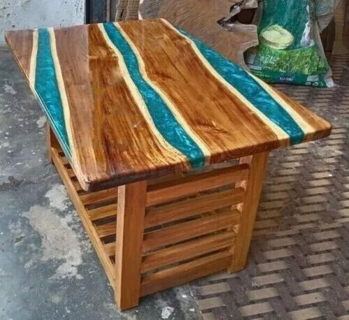 Blue Epoxy Resin Dining Table Top, Kitchen Slab Table, Epoxy Wood Table Home Top-image