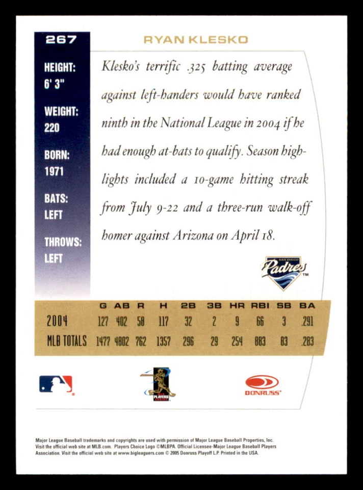 2005 Donruss Team Heroes #267 Ryan Klesko San Diego Padres - Image 2 of 2