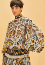 New Farm Rio Floral Med Jacquard Blue Gold Thread Tie-Neck Silky Relaxed Blouse