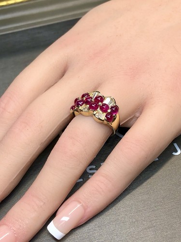 Estate 18K Yellow Gold Cabochon Ruby Baguette Diamond Cocktail Band Ring 5.44ctw - Picture 9 of 10