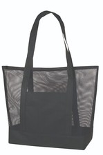 Deluxe Zippered Black Mesh Shopping Tote Sheer Weekend Bag Beach Picnic Camping