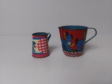 Rare Antique Victorian Lithographed Child's Tin Toy Pitcher Blue Dog 2 pcs