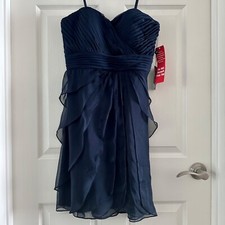 Adrianna Papell Strapless Draped Flutter Cocktail Dress Navy Blue Women's Size 8