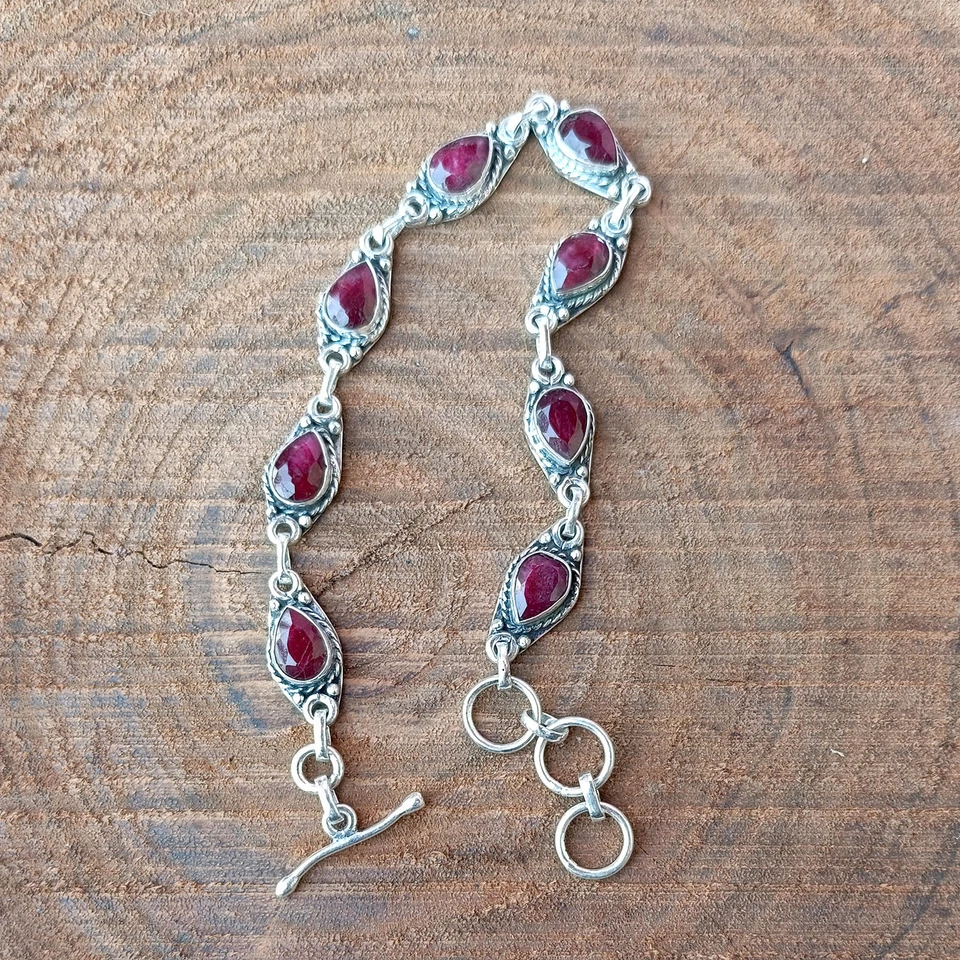 Pulseras hechas a mano de plata 925 con piedras preciosas de rubí joyería #160 Foto 3 de 4