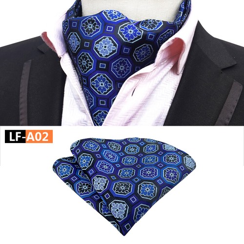 New Classic Men's Ascot Cravat Tie Silk Paisley Blue Scarves Cravat Hanky Set - Afbeelding 40 van 45