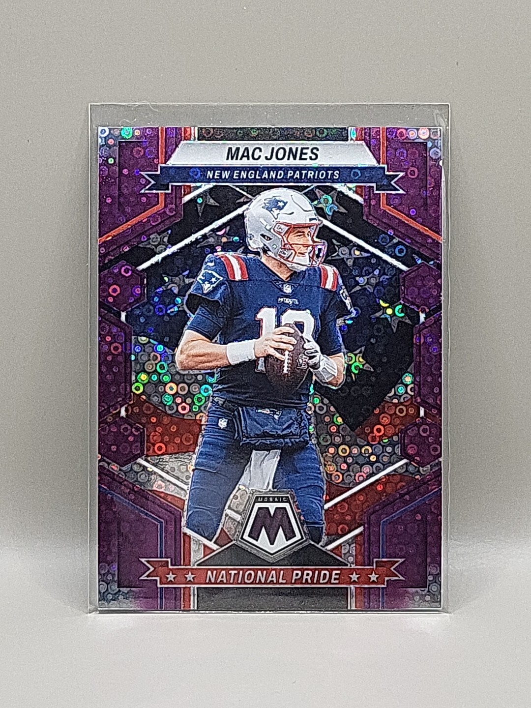 Mac Jones 2023 Panini Mosaic #261 No Huddle Purple Disco Prizm SSP /50 Patriots