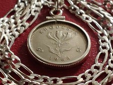 1964 Rhodesia Sixpence .925 Pendant on a 24" Italian Made Sterling Silver Chain.