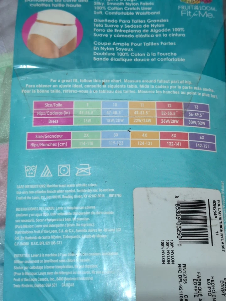 4 Pares Bragas 4XL Plus Talla 11 Vintage Fruit of the Loom Corte Alto 100% Nylon Multi Foto 3 de 4