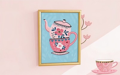 Hübsche gestapelte Teetassen blau rosa süß Retro Tasse Küchentasse Gänseblümchen Grafik G