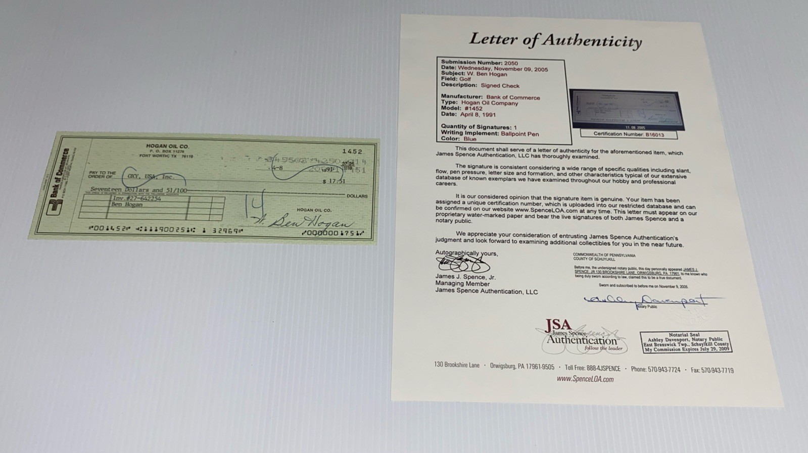 Ben Hogan Autographed Signed 1991 Professional PGA Golf Champion Bank Check JSA LOA Letter 