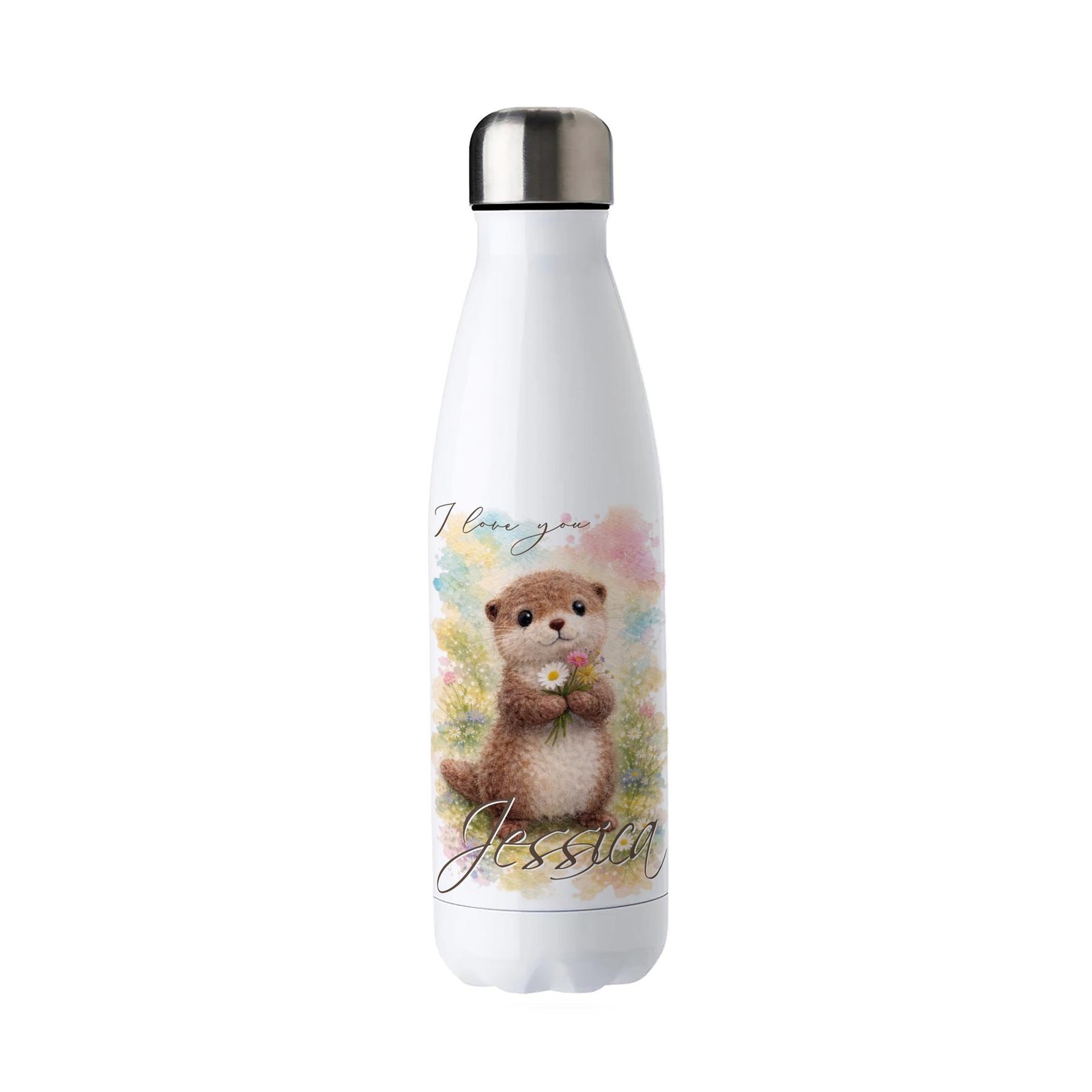 Fuzzy Animal Metal Water Bottle - Otter - Cute Custom Drinkware Gift for Her