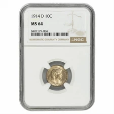 1914D Barber Dime 10C NGC MS 64