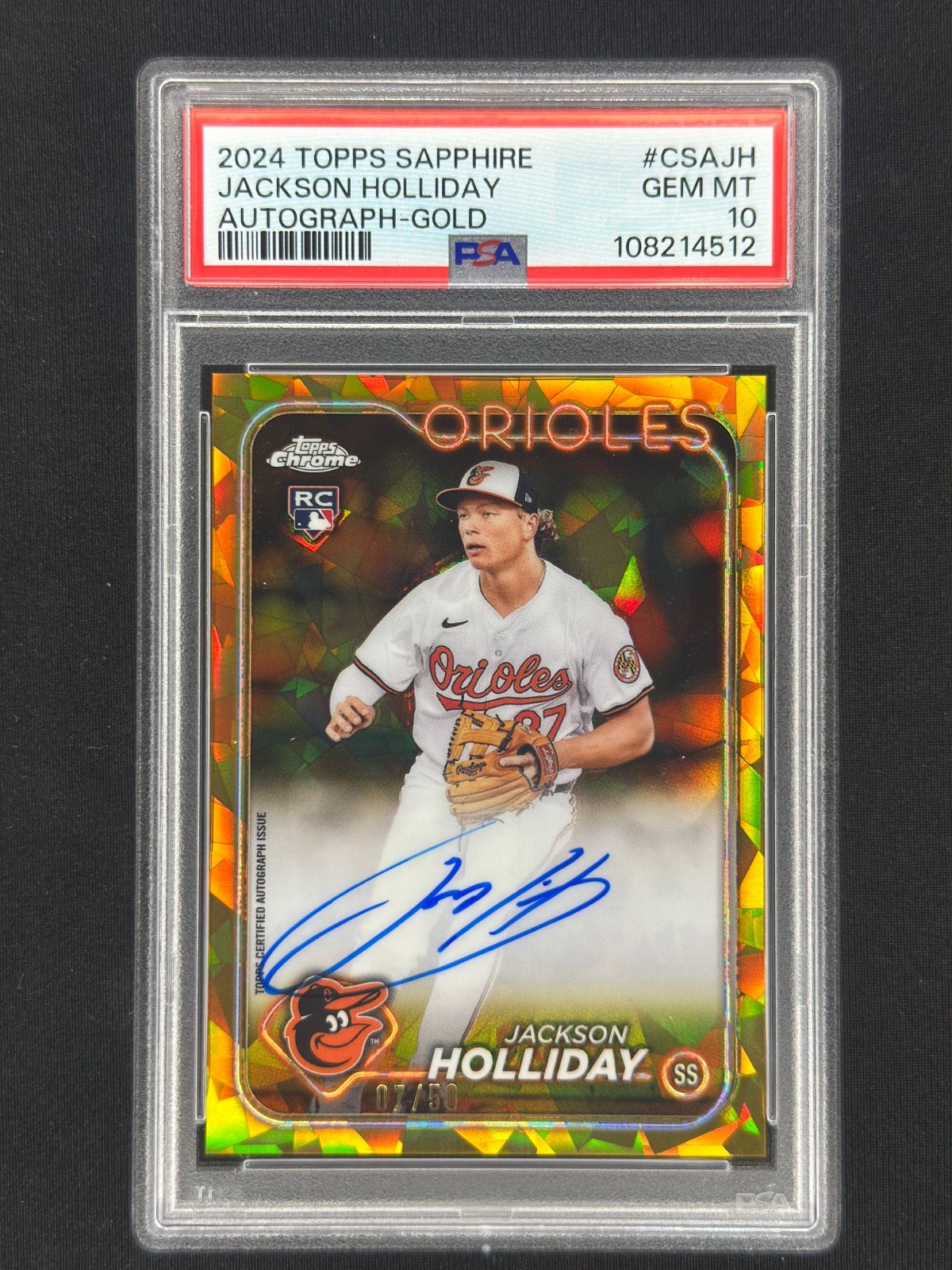Jackson Holliday 2024 Topps Chrome Sapphire Rookie Auto Gold /50 PSA 10 Orioles