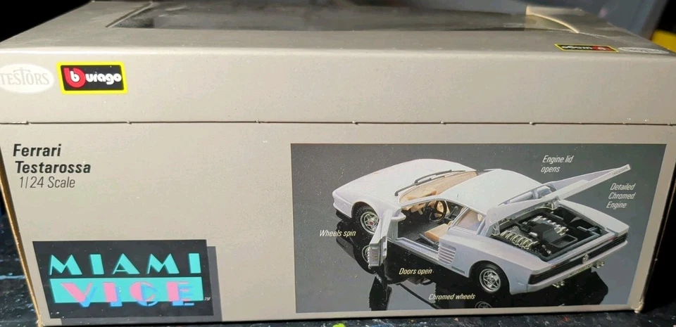 Vintage Testors Burago Miami Vice 1984 Ferrari Testarossa 1/24 DieCast Car w/Box - Image 4 of 4