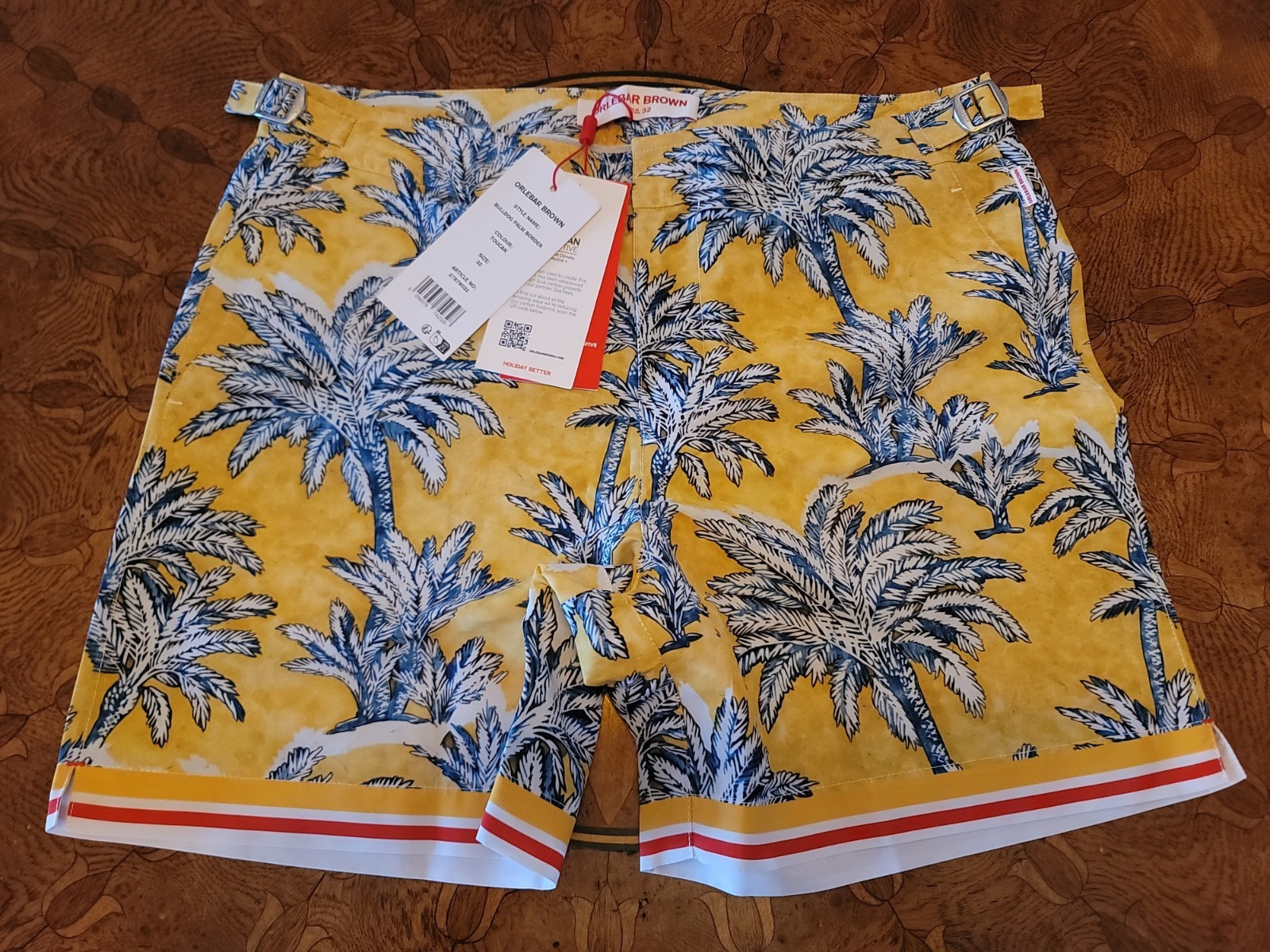 Orlebar Brown Bulldog Palm Border Men's Swim Shorts Trunk 32 Trees Yellow NEW 🌴
