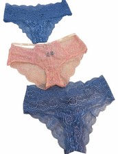 Frederick s Of Hollywood Bikini Panties Blue Lace Peach Lot of 3 M