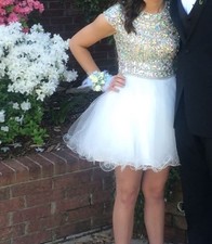Terani Couture Embellished Formal Dress White Silver Multicolor Prom Pageant