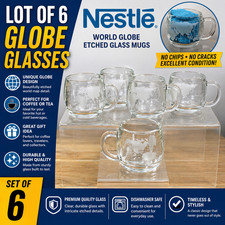 Set of 6 Nestle Nescafe World Globe Etched Glass Clear Coffee Tea Mugs No chips.