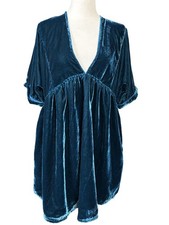 Free People Dress Womens Medium Blue Velvet V Neck Swing Trapeze Pockets Mini