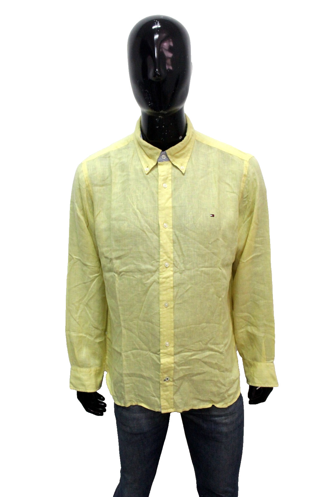 Tommy Hilfiger Camicia Uomo Taglia 2XL Chemise Giallo In Lino Shirt Manica Lunga