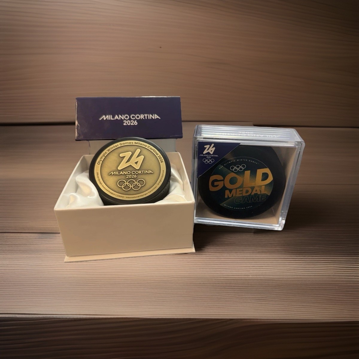 Milano Cortina 2026 Olympic GOLD & PLAQUE Hockey Pucks w/ Cases