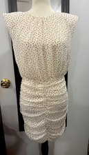 Mango White/Black Polka Dot Ruched Sleeveless Crew Neck Mini Dress M