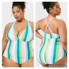 Torrid Wireless Triangle One Piece Swimsuit Palm Springs Stripe Sz 1 Pool Resort