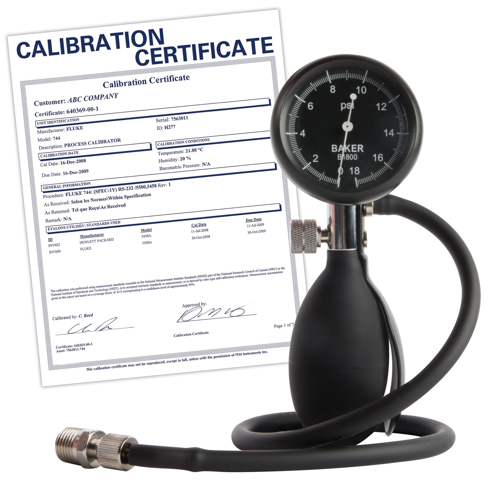 Baker B1800-NIST Squeeze Bulb Pressure Calibrator, 0 to 18 psig