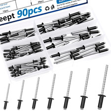 90Pcs Black Steel Rivets 7-Sizes 304 Stainless Steel Rivets Assortment Kit 1/8",