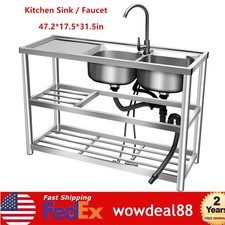 2 Compartment Commercial Sink Stainless Steel 2 Bowl f Garage/Restaurant/Kitchen