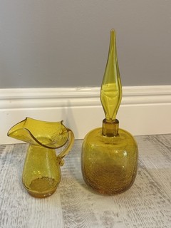 Vintage Rainbow Art Glass amber crackle decanter/original flame stopper 10.5 In