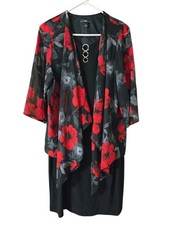 R&K Floral Shift Dress Chiffon Black Red Gray Floral 14W 3/4-Sleeve NWOT Stretch