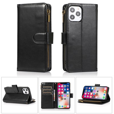 For iPhone 15 Case Luxury Wallet Card ID Zipper Holder Cover + 2 Tempered Glass