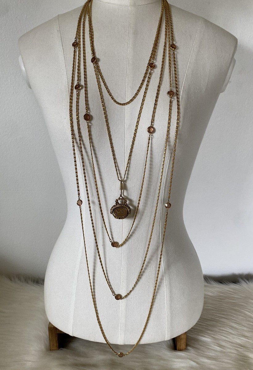 VTG Signed Goldette Gilded Gold Spinner Fob Layered 5 Strand Bezel 